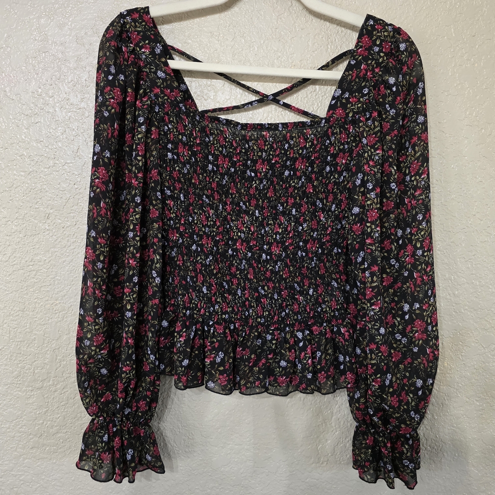 Floral Smocked Long Sleeve Blouse - Black and Pink